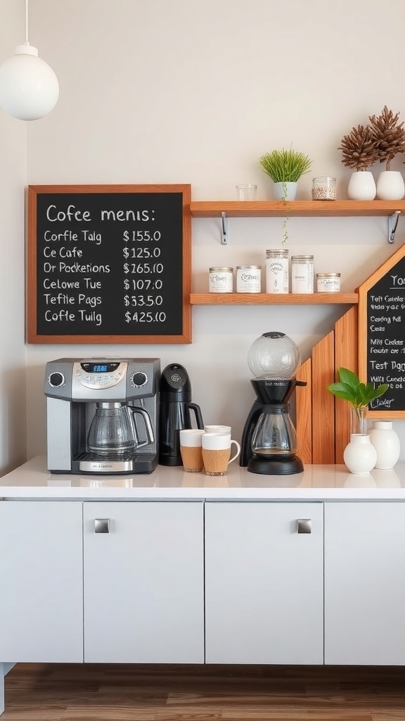 A stylish coffee station with a coffee maker, mugs, and a chalkboard menu.