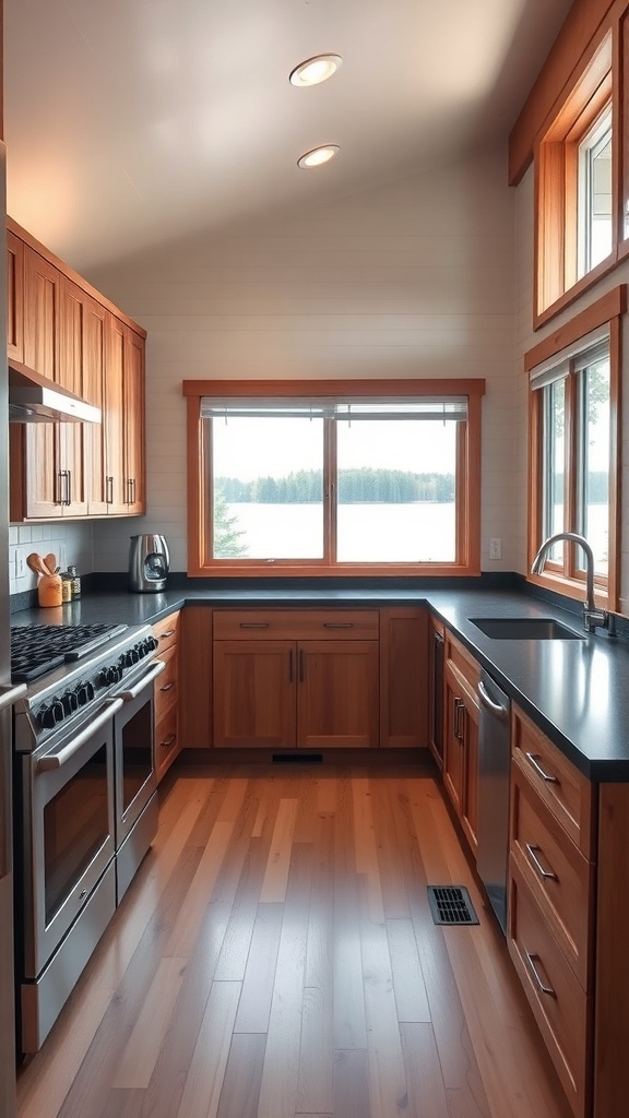 A cozy lakefront kitchen with wooden cabinets and large windows overlooking the lake.