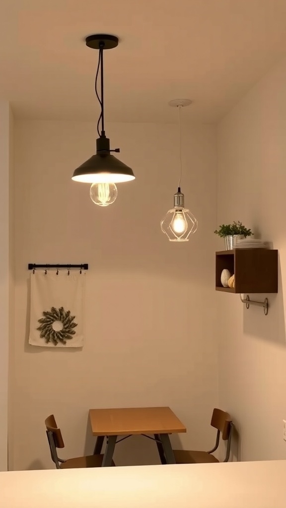 Stylish kitchen corner with pendant lighting and a small table.