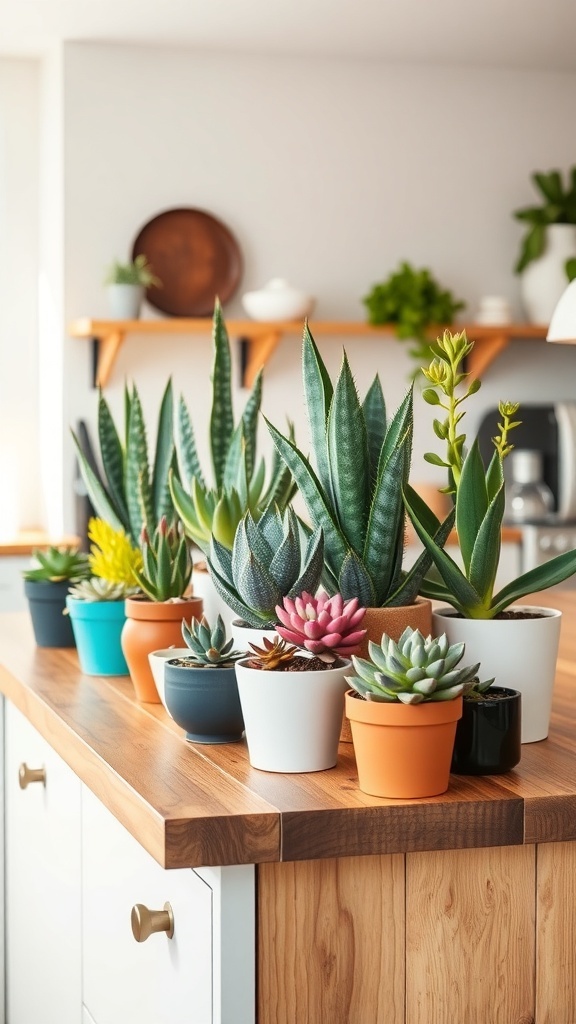 A variety of potted succulents arranged on a kitchen island.
