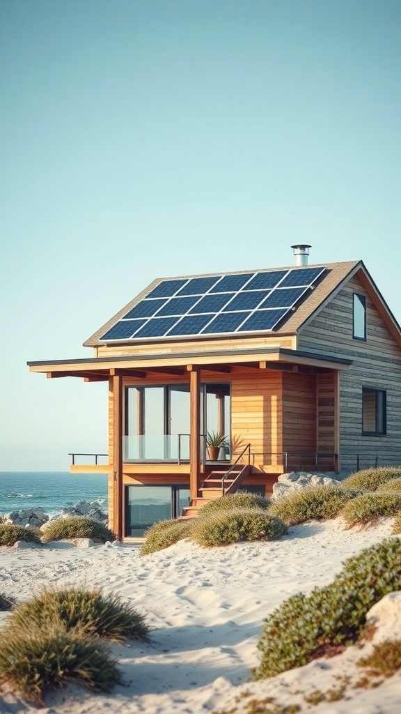A cozy beach house with solar panels and natural surroundings.