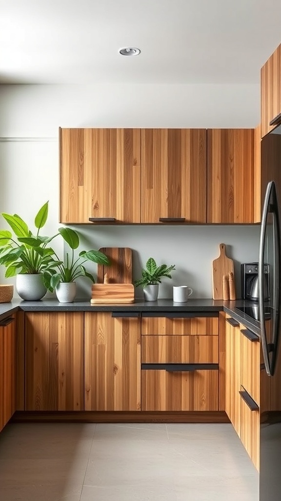 A modern kitchen featuring eco-friendly cabinets made from wood, complemented by indoor plants.