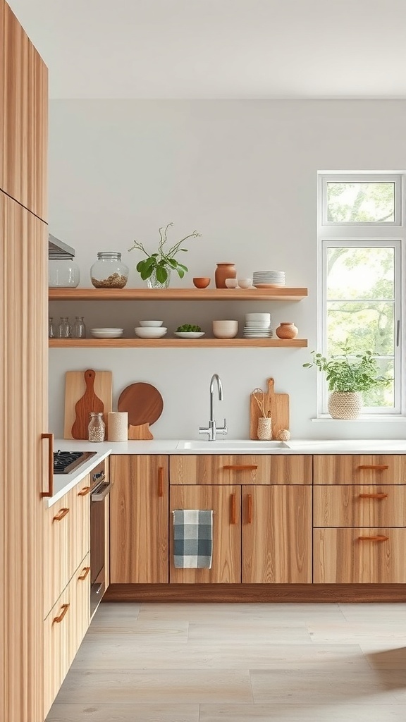 A modern kitchen with wooden cabinets and open shelving, featuring plants and kitchenware.