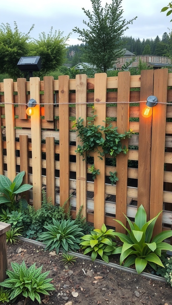 A wooden pallet fence with plants and lights.