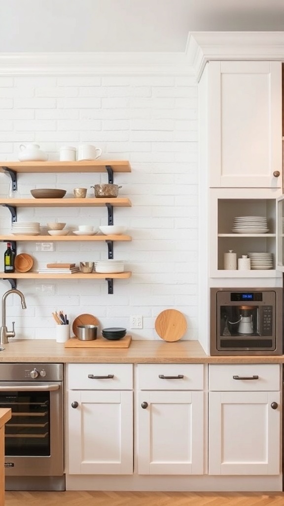 A kitchen featuring open shelving with dishes and closed cabinets.