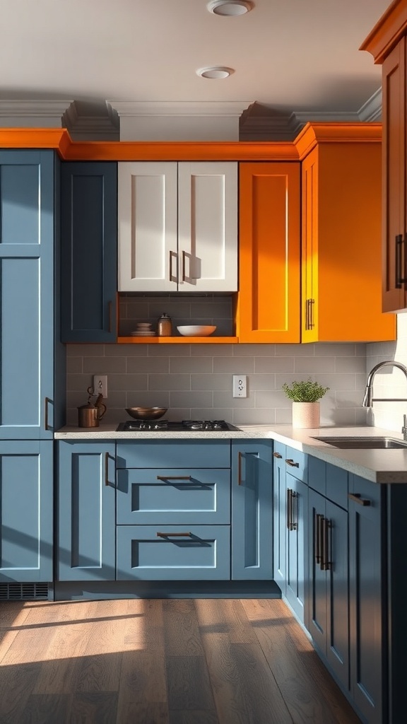 A modern kitchen with blue, white, and orange cabinets.