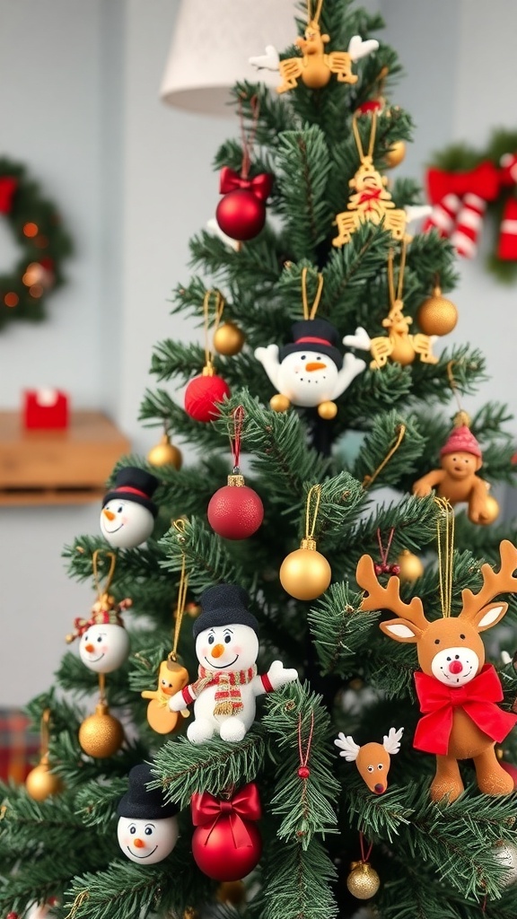 A Christmas tree decorated with snowman and reindeer ornaments.