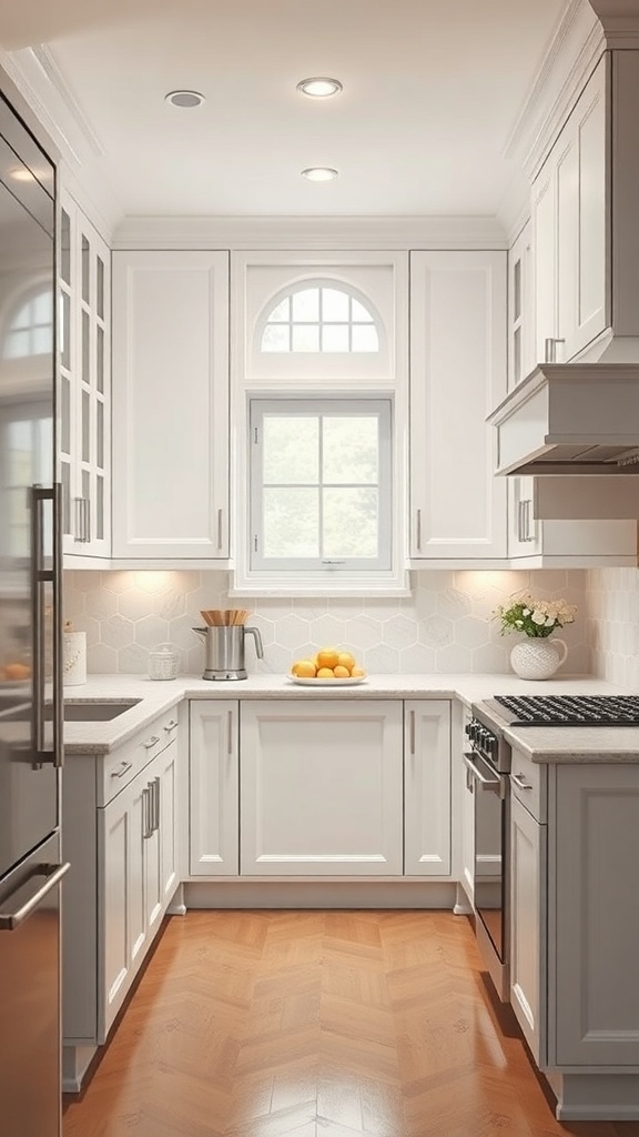 A modern kitchen featuring white cabinets, a window with natural light, and warm wood flooring.