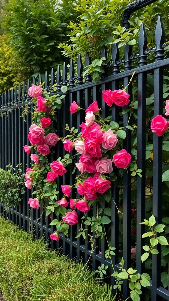 Traditional black garden fence with pink roses climbing on it.