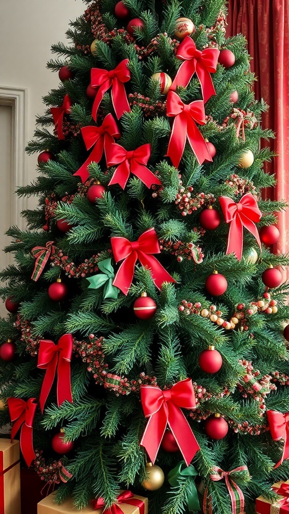 A Christmas tree decorated in traditional red and green colors with bows and ornaments.