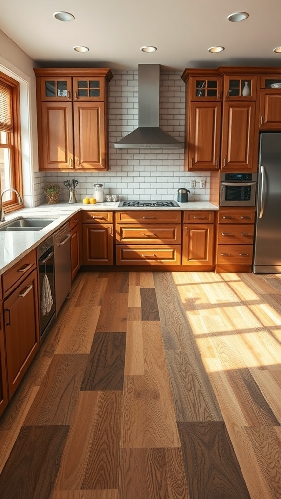 A modern kitchen with wooden flooring and wooden cabinets.