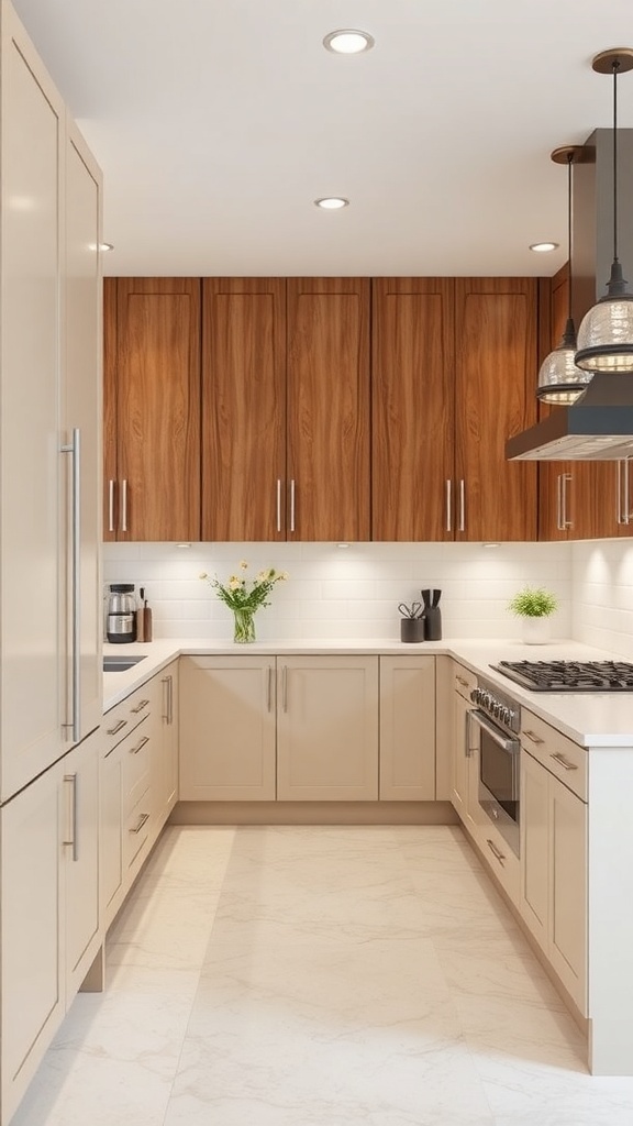 A modern kitchen featuring a mix of light and dark cabinets.