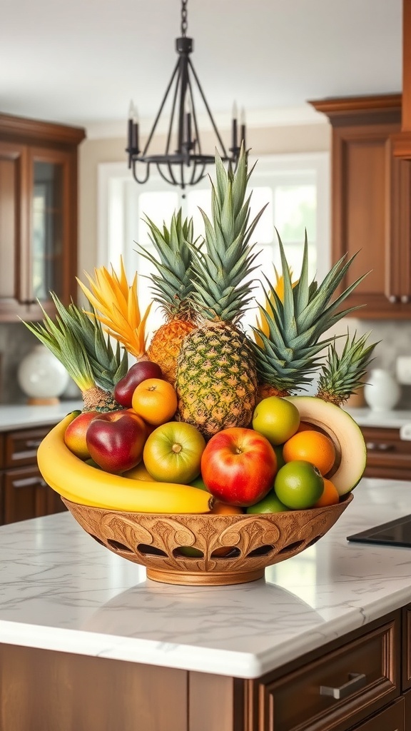 A vibrant display of tropical fruits in a decorative bowl on a kitchen island.