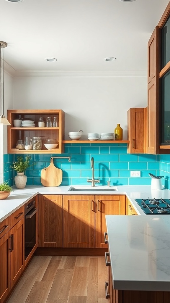 A modern kitchen featuring turquoise splashbacks, wooden cabinets, and white countertops.