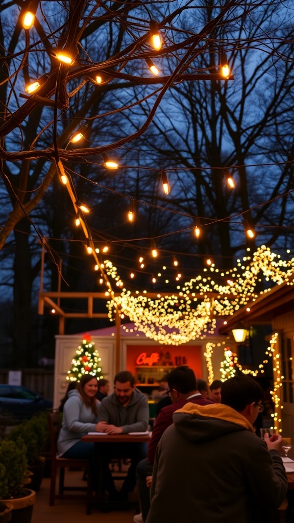 A cozy outdoor setting with twinkling string lights overhead, creating a festive atmosphere.