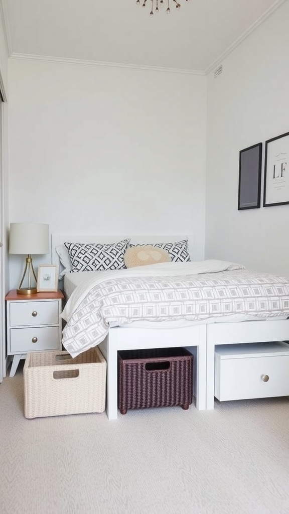 A cozy bedroom featuring under-bed storage with woven baskets and drawers.
