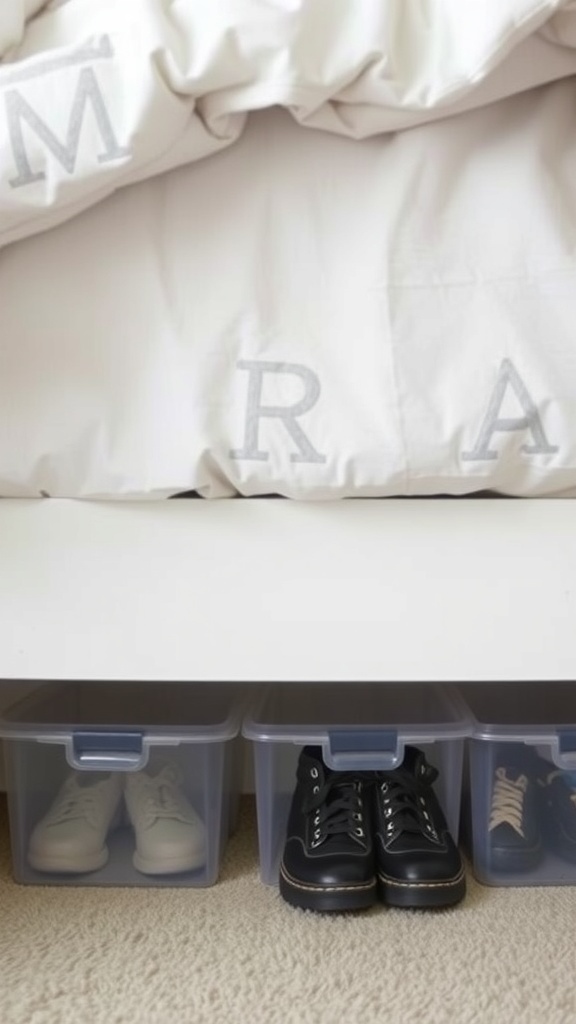 Under-bed storage with clear bins holding children's shoes.