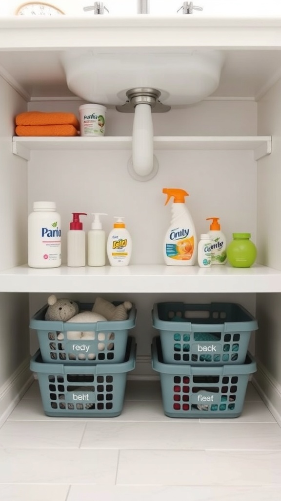 Under-sink storage with labeled baskets and cleaning supplies.