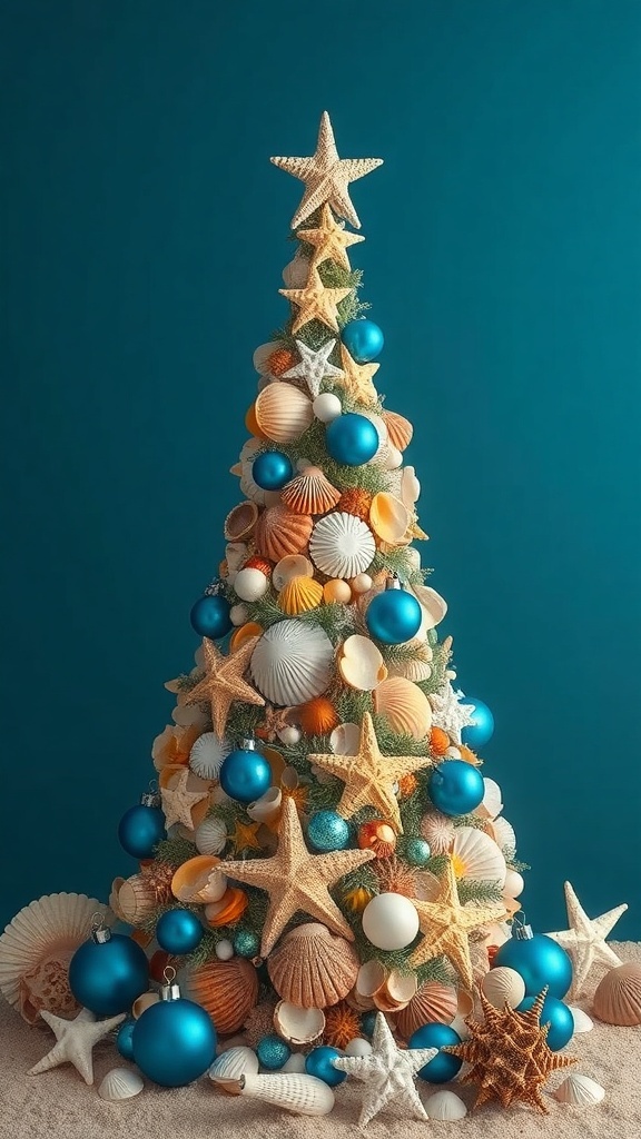 A Christmas tree decorated with seashells, starfish, and blue ornaments, set against a teal background.