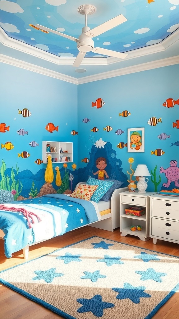 A colorful kids room with underwater theme featuring blue walls, fish decorations, and ocean-inspired bedding.