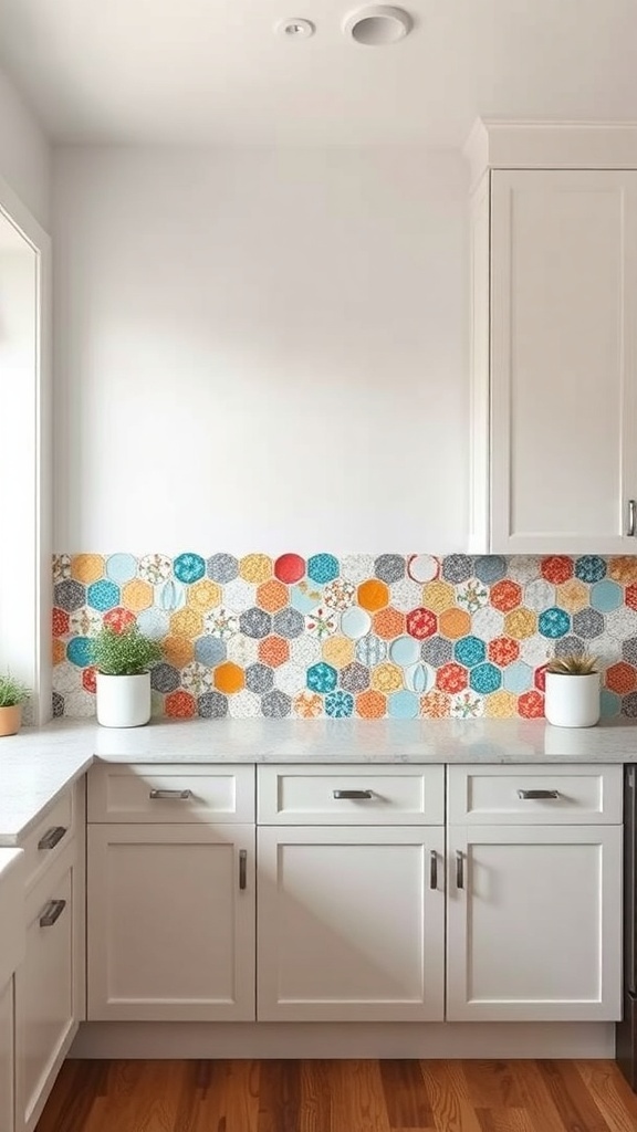 Colorful hexagon tile backsplash in a modern kitchen.
