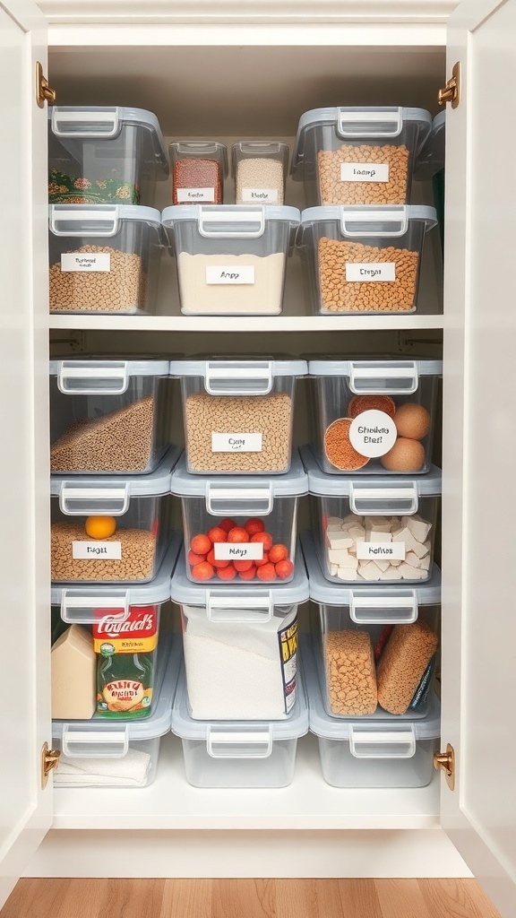 Organized kitchen storage with clear bins labeled for easy visibility.