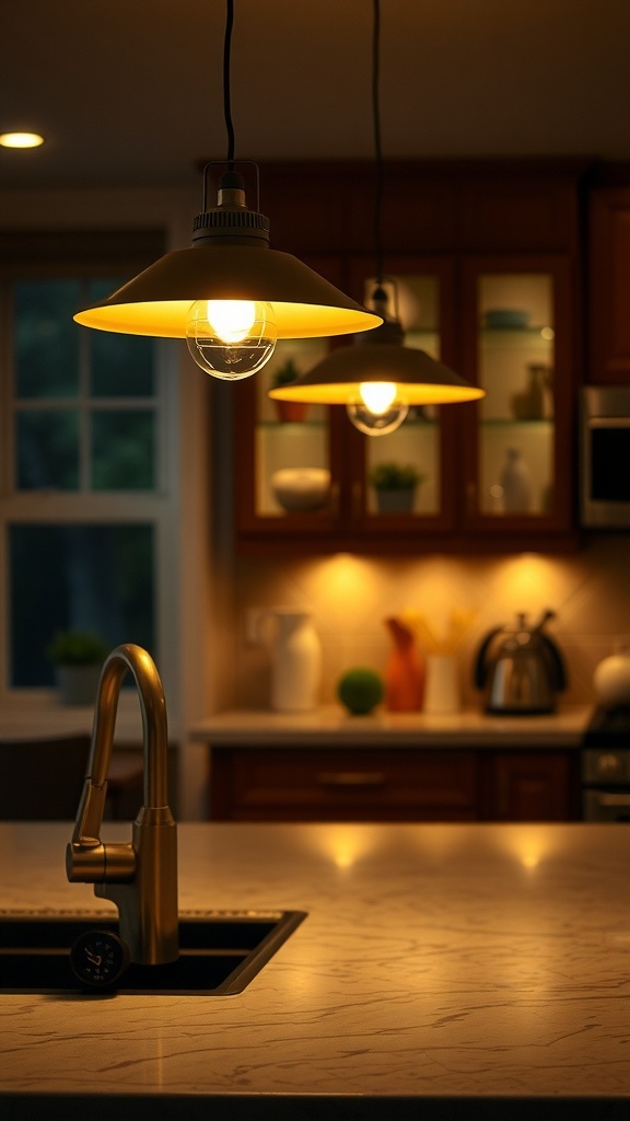 Stylish kitchen with pendant lighting over the countertop.