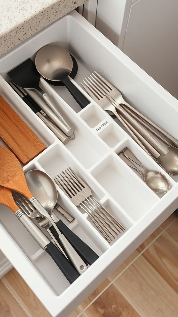 A neatly organized kitchen drawer with utensils separated by dividers.