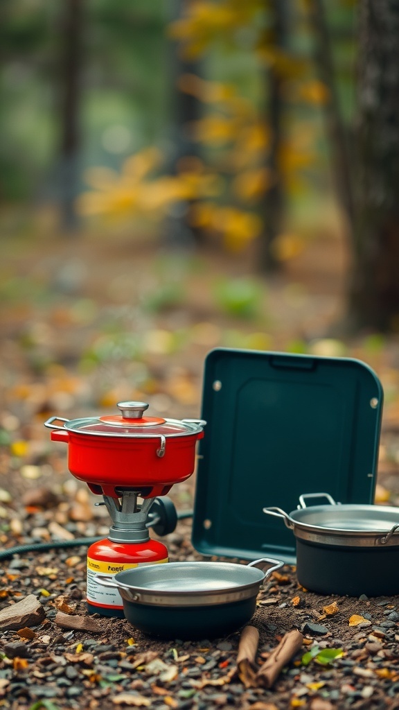 A portable red camping stove with pots and utensils set up in a natural outdoor setting.