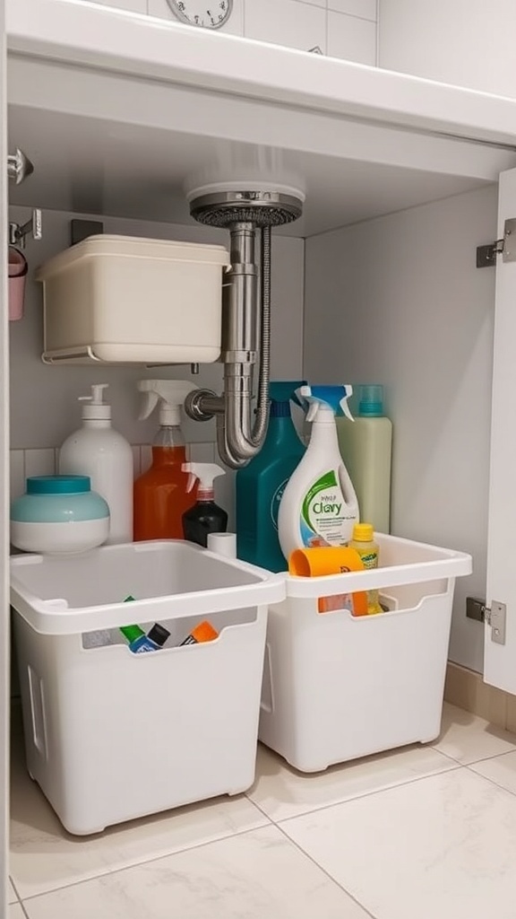 Organized under-sink storage with bins and cleaning supplies.