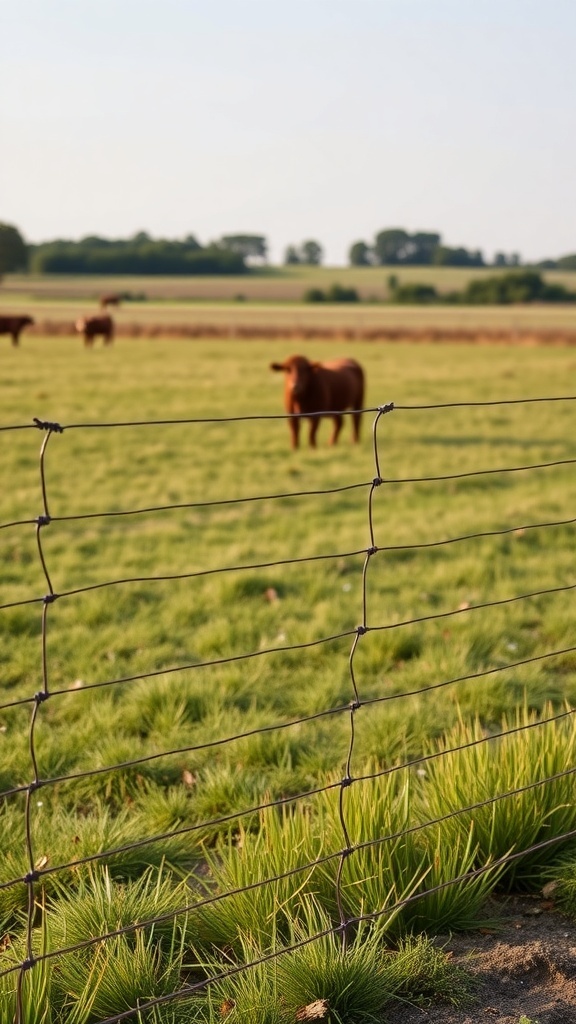 A hog wire fence in a green field with cattle grazing in the background.