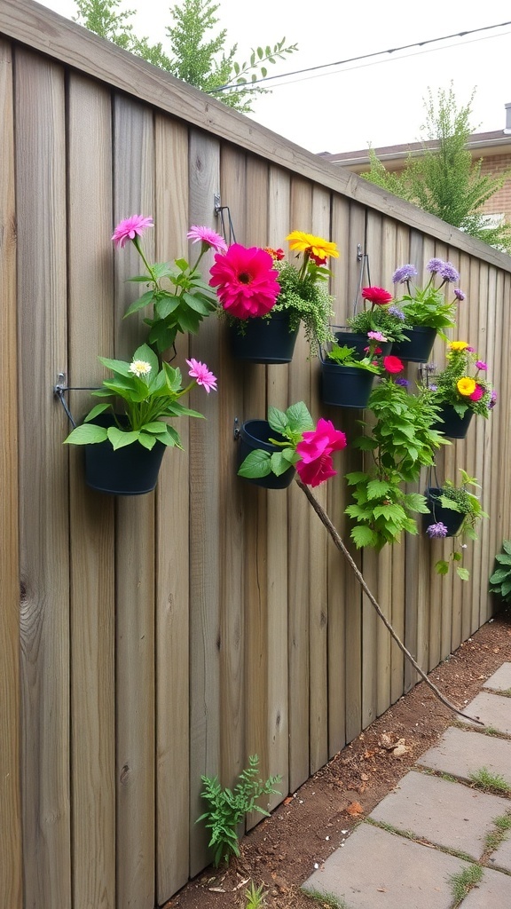 A wooden fence with hanging pots of colorful flowers.