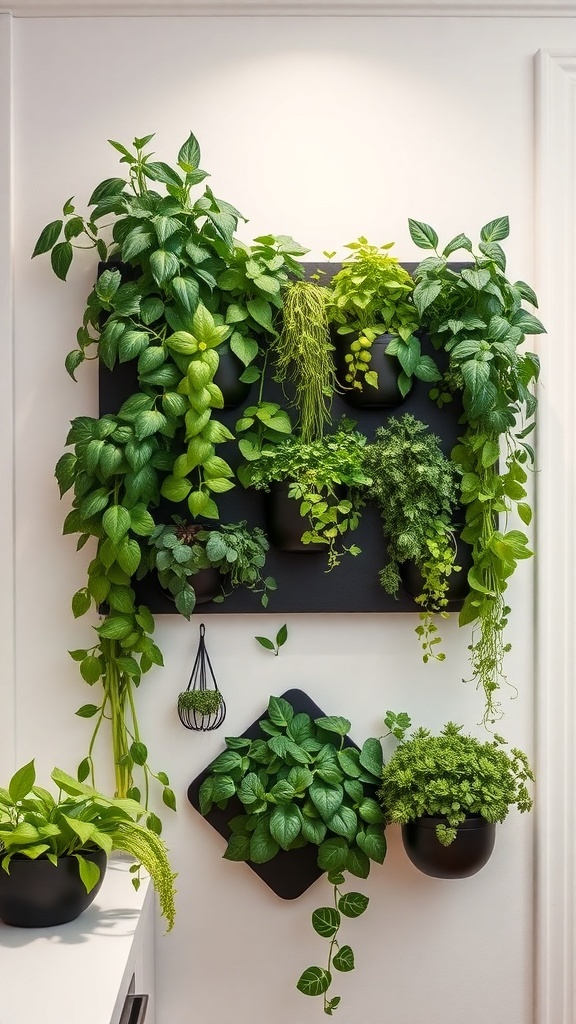 A vertical garden with various green plants displayed on a wall in a kitchen.