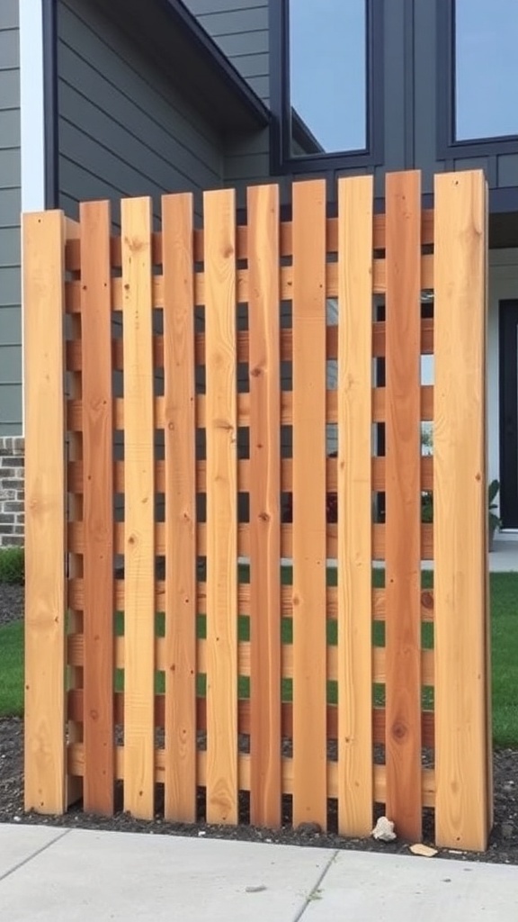 A vertical pallet fence made of wooden slats, showcasing a modern design.