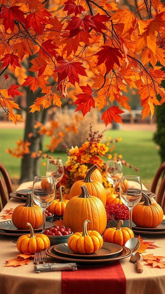 A beautifully arranged Thanksgiving table featuring pumpkins, grapes, and fall leaves in vibrant colors.