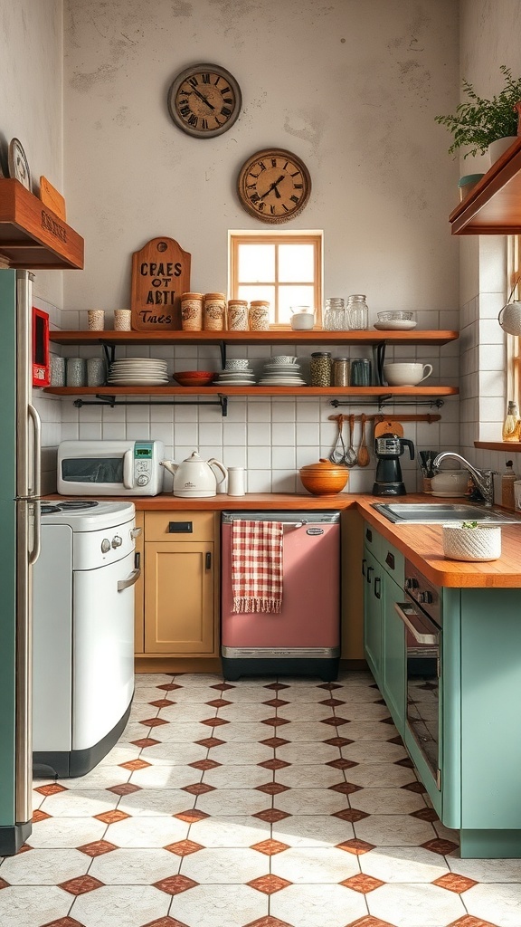 A vintage-inspired kitchen featuring pastel appliances, wooden shelves, and a cozy layout.