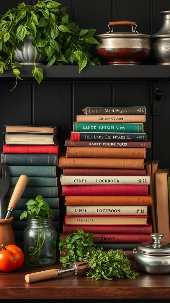 A collection of vintage cookbooks on a dark shelf, surrounded by herbs and kitchen utensils.