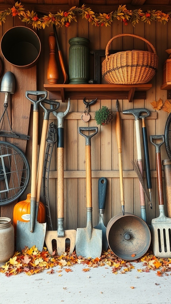 A collection of vintage farm tools displayed on a wooden wall with autumn leaves scattered on the ground.