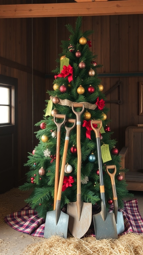 A Christmas tree decorated with vintage farm tools and ornaments.