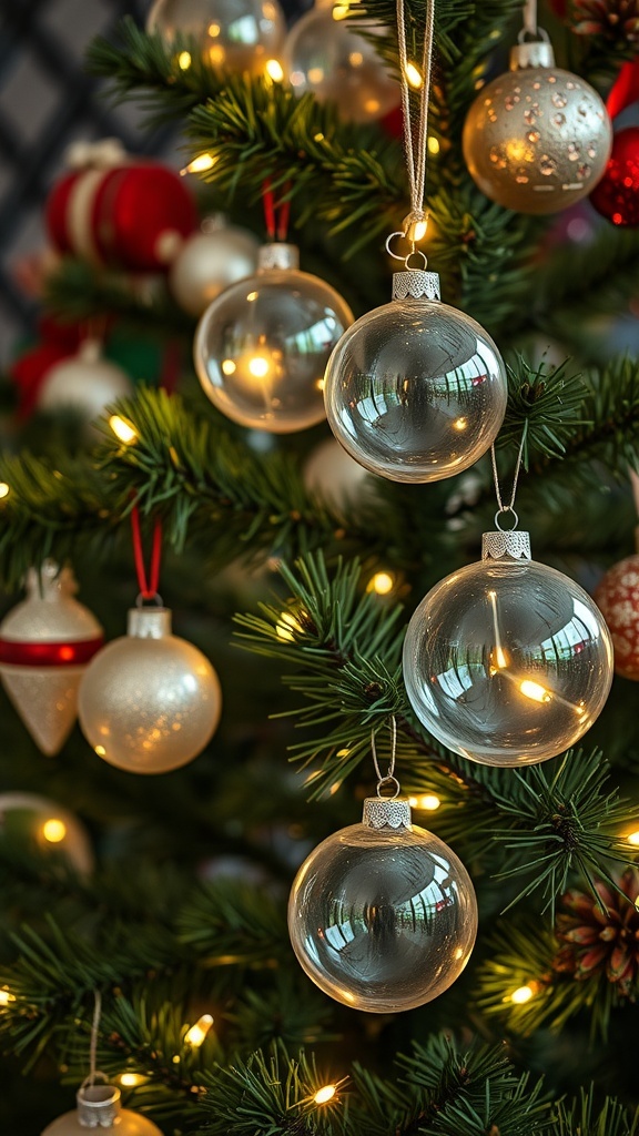 Close-up of vintage glass baubles hanging on a Christmas tree with warm lights.