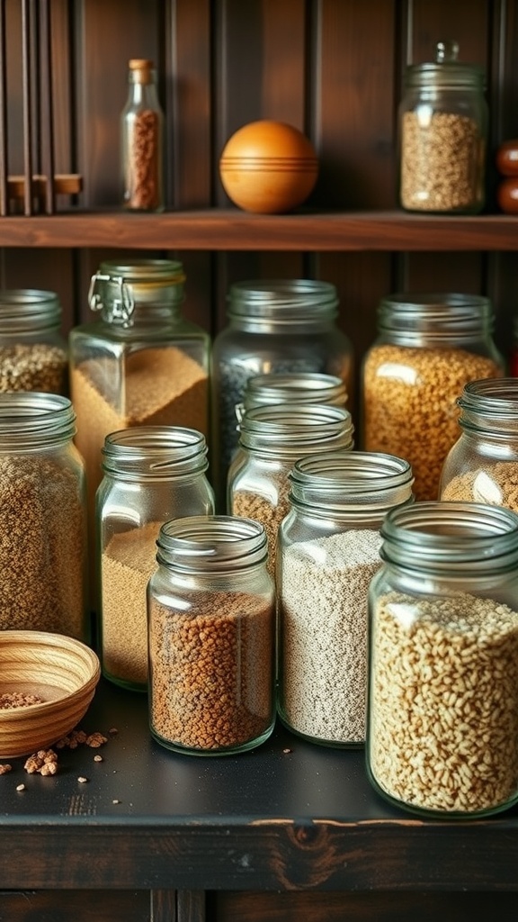 A collection of vintage glass jars filled with various ingredients on a wooden shelf.