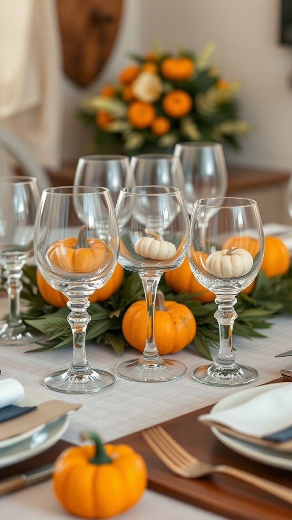 A tablescape featuring vintage glassware and pumpkins, with a floral arrangement in the background.