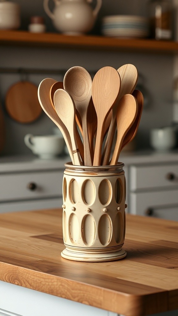 A vintage-style utensil holder filled with wooden cooking spoons on a kitchen island.