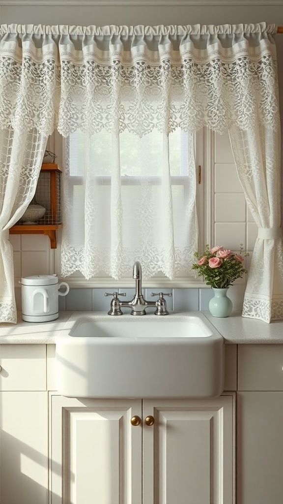 A kitchen sink with vintage lace curtains, showcasing a charming and cozy atmosphere.