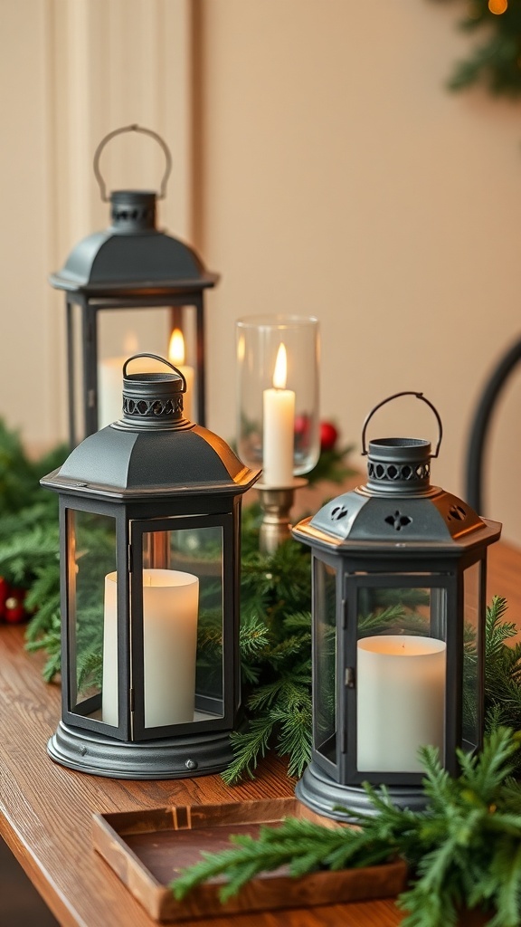 Vintage lanterns with candles surrounded by greenery on a wooden table