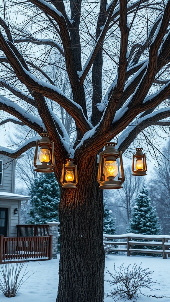 Vintage lanterns hanging from a tree in a snowy yard