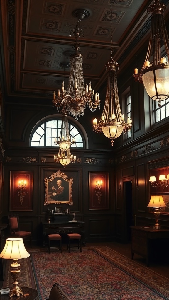 A vintage room with elegant chandeliers and warm lighting fixtures.