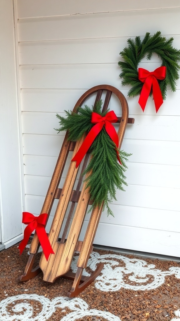 A vintage sled decorated with greenery and red ribbons, alongside a matching wreath.