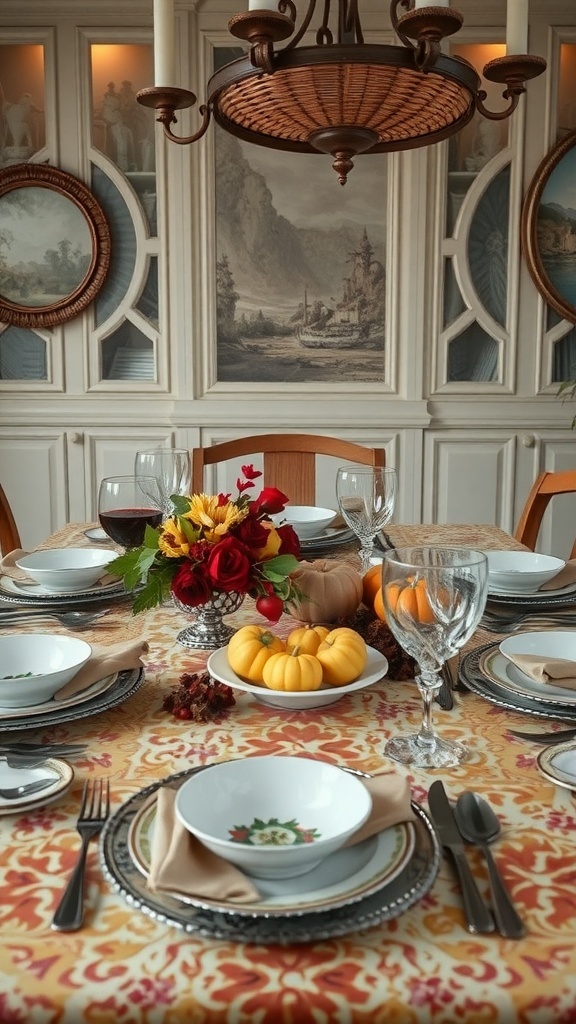 A beautifully arranged Thanksgiving table featuring vintage tableware, crystal glasses, and a floral centerpiece with pumpkins.