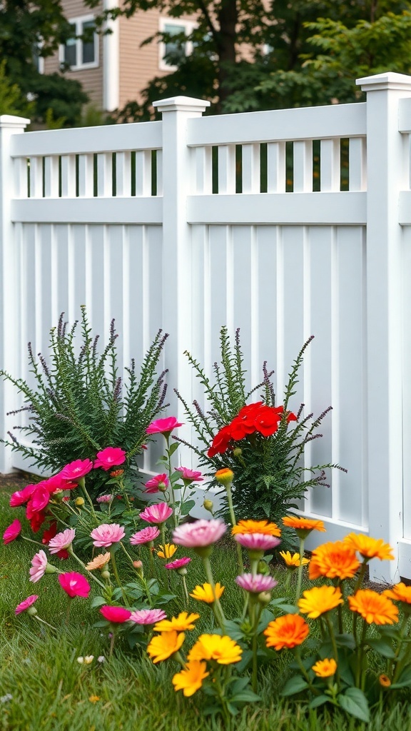 A white vinyl fence with decorative slats, surrounded by colorful flowers in a garden.